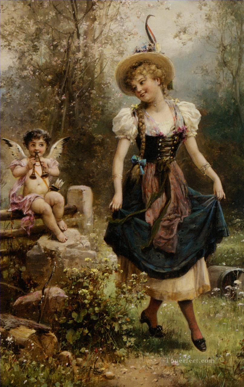 floral angel and dancing girl Hans Zatzka Oil Paintings